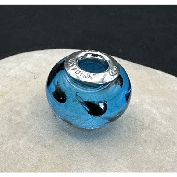 Genuine Murano Italy Charm Glass Bead Blue w/ Black Swirls Fits Pan 925 - Picture 5 of 5